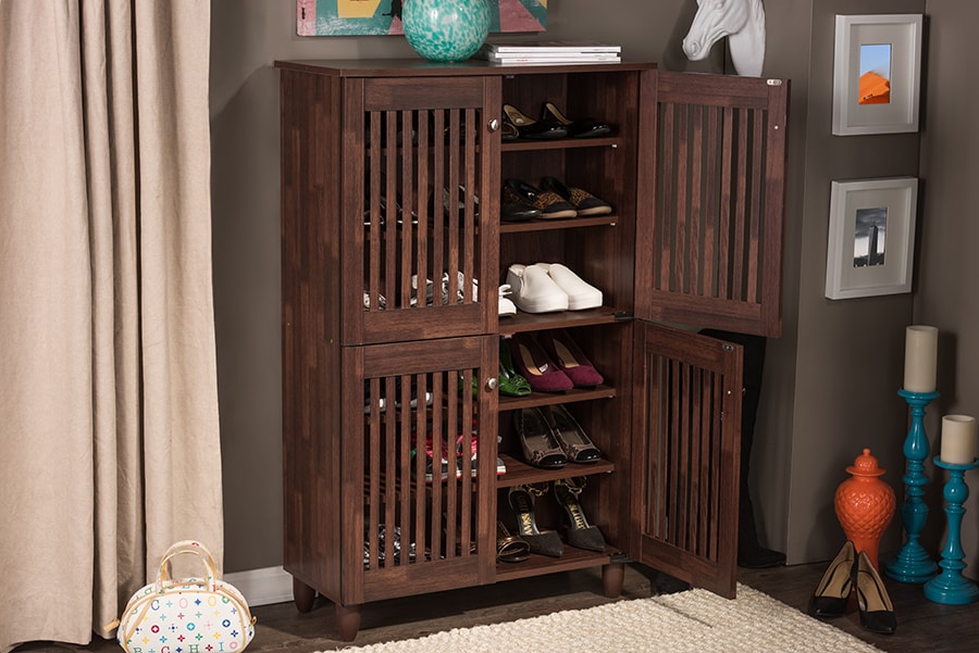 baxton studio fernanda modern and contemporary 4 door oak brown wooden entryway shoes storage tall cabinet | Modish Furniture Store-9