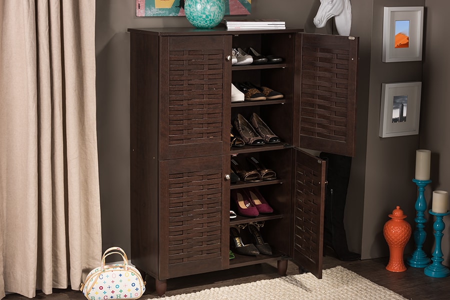 baxton studio fernanda modern and contemporary 4 door oak brown wooden entryway shoes storage tall cabinet | Modish Furniture Store-17