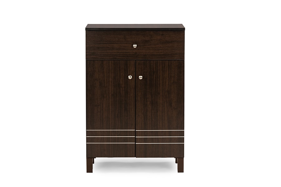 baxton studio felda dark brown modern shoe cabinet with 2 doors and drawer | Modish Furniture Store-2