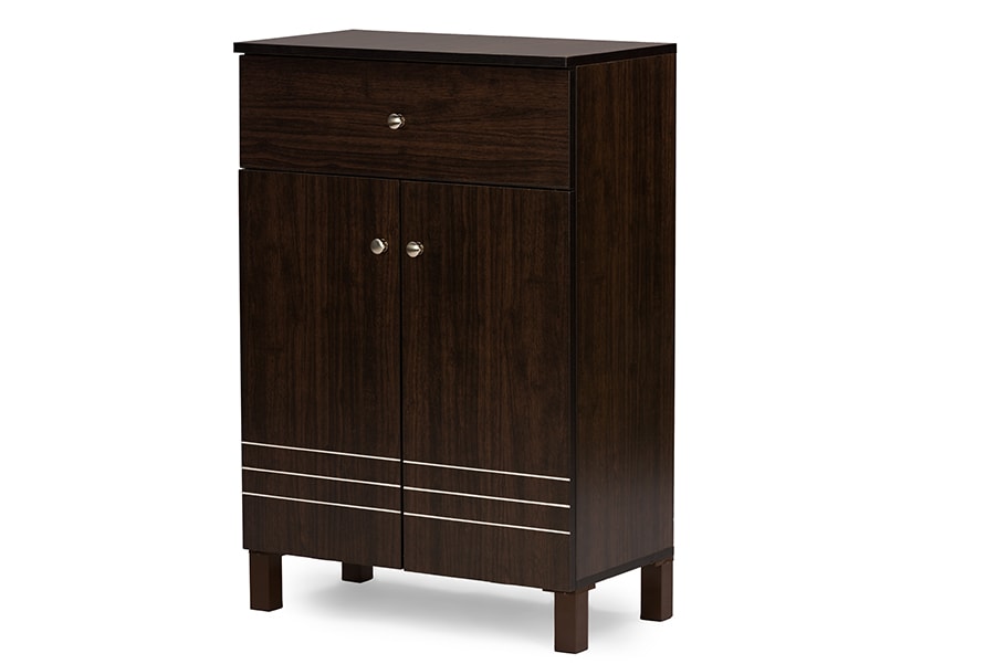 baxton studio felda dark brown modern shoe cabinet with 2 doors and drawer | Modish Furniture Store-4
