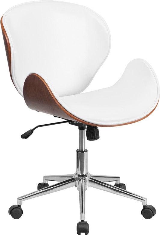 Flash Furniture Mid-Back Walnut Wood Swivel Conference Chair In White Leather | Office Chairs | Modishstore