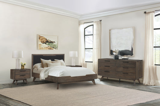 Astoria 4 Piece Queen Bedroom Set in Oak with Black Faux Leather  By Armen Living | Bedroom Sets | Modishstore