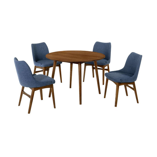 Arcadia and Azalea 42" Round Blue and Walnut Wood 5 Piece Dining Set By Armen Living | Dining Sets | Modishstore