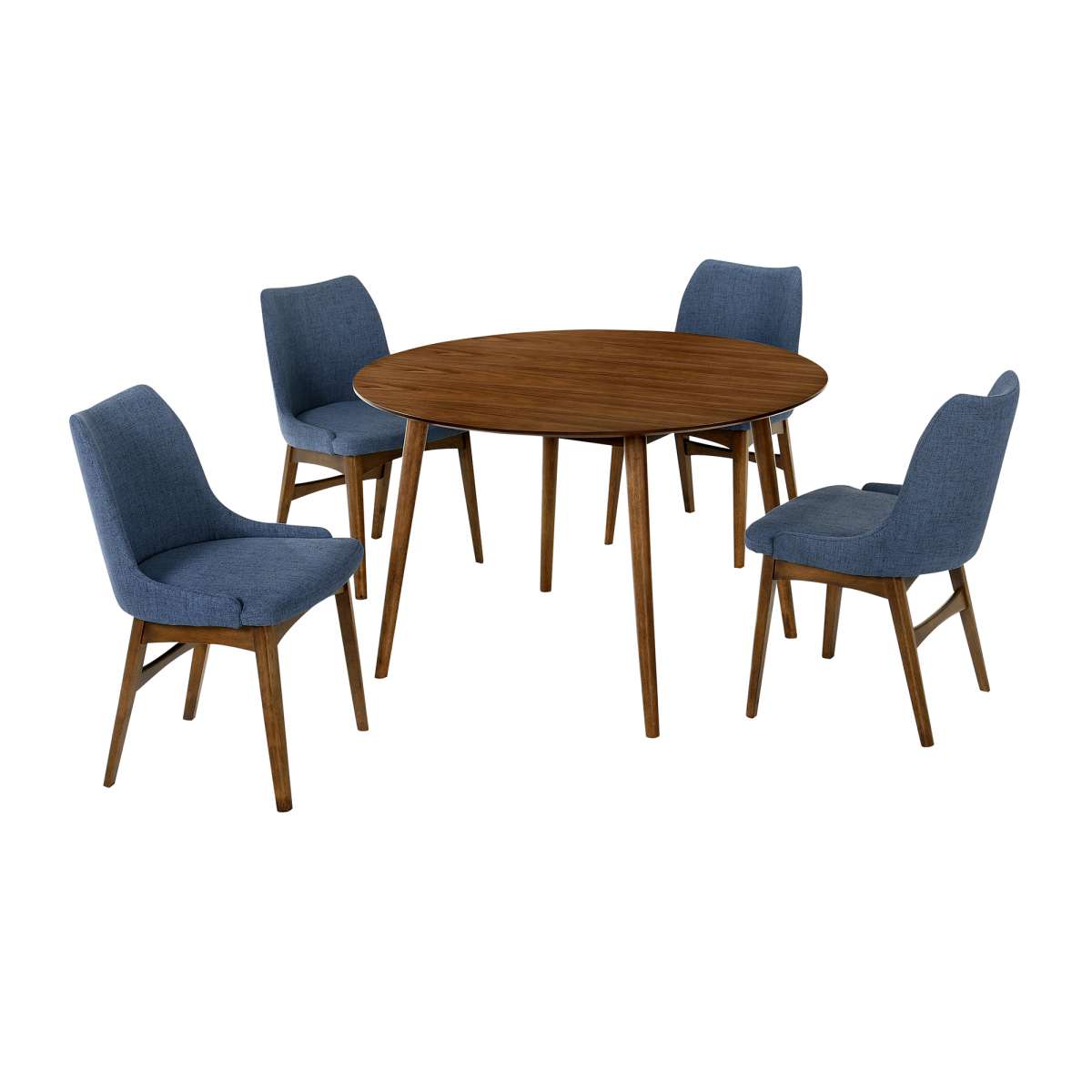 Arcadia and Azalea 48" Round Blue and Walnut Wood 5 Piece Dining Set By Armen Living | Dining Sets | Modishstore