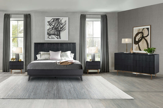 Carnaby Queen 4 Piece Bedroom Set in Black Brushed Oak Wood By Armen Living | Bedroom Sets | Modishstore