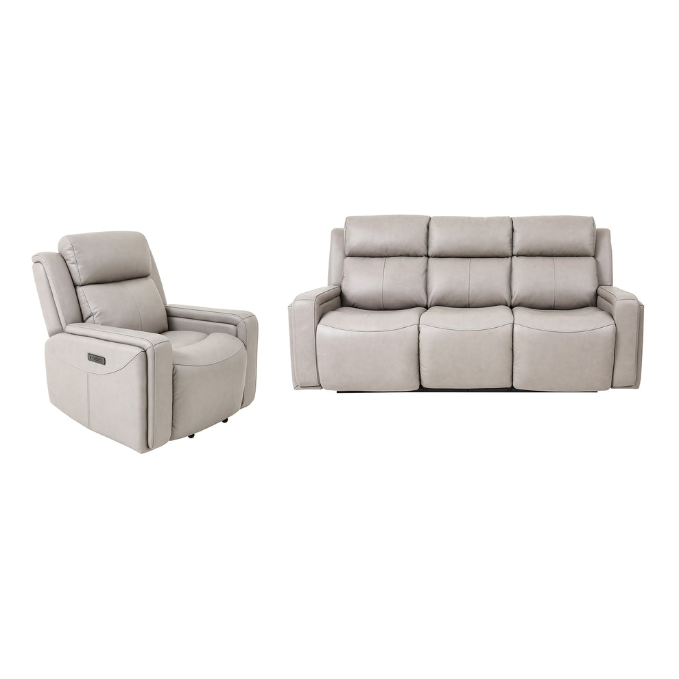 Claude Dual Power Headrest and Lumbar Support Reclining 2 Piece Sofa and Recliner Set in Light Grey Genuine Leather By Armen Living | Sofa Set | Modishstore - 2