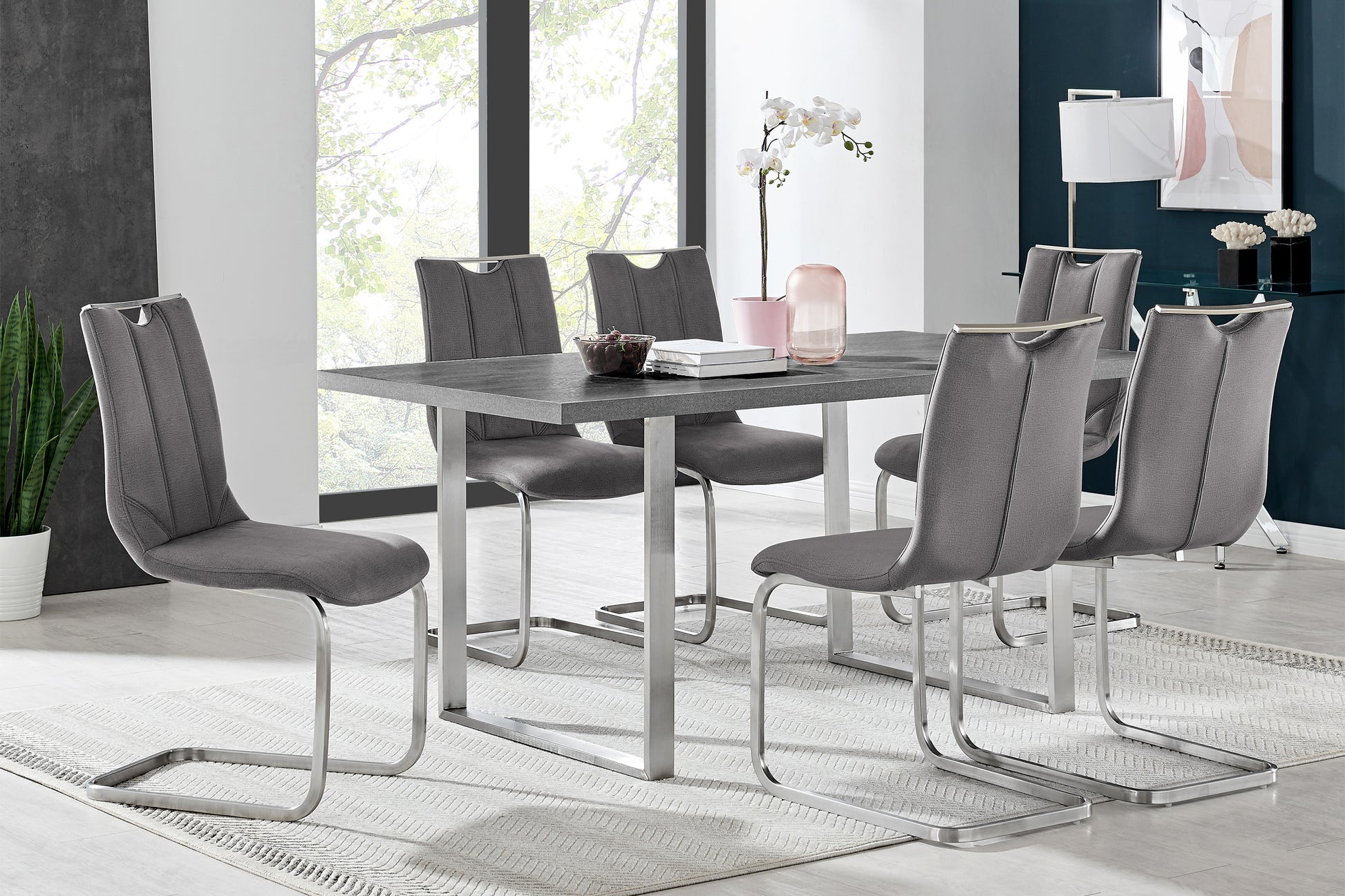Fenton and Pacific 7 Piece Modern Rectangular Dining Set with Metal Base in Black Melamine Wood and Gray Fabric By Armen Living | Dining Sets | Modishstore