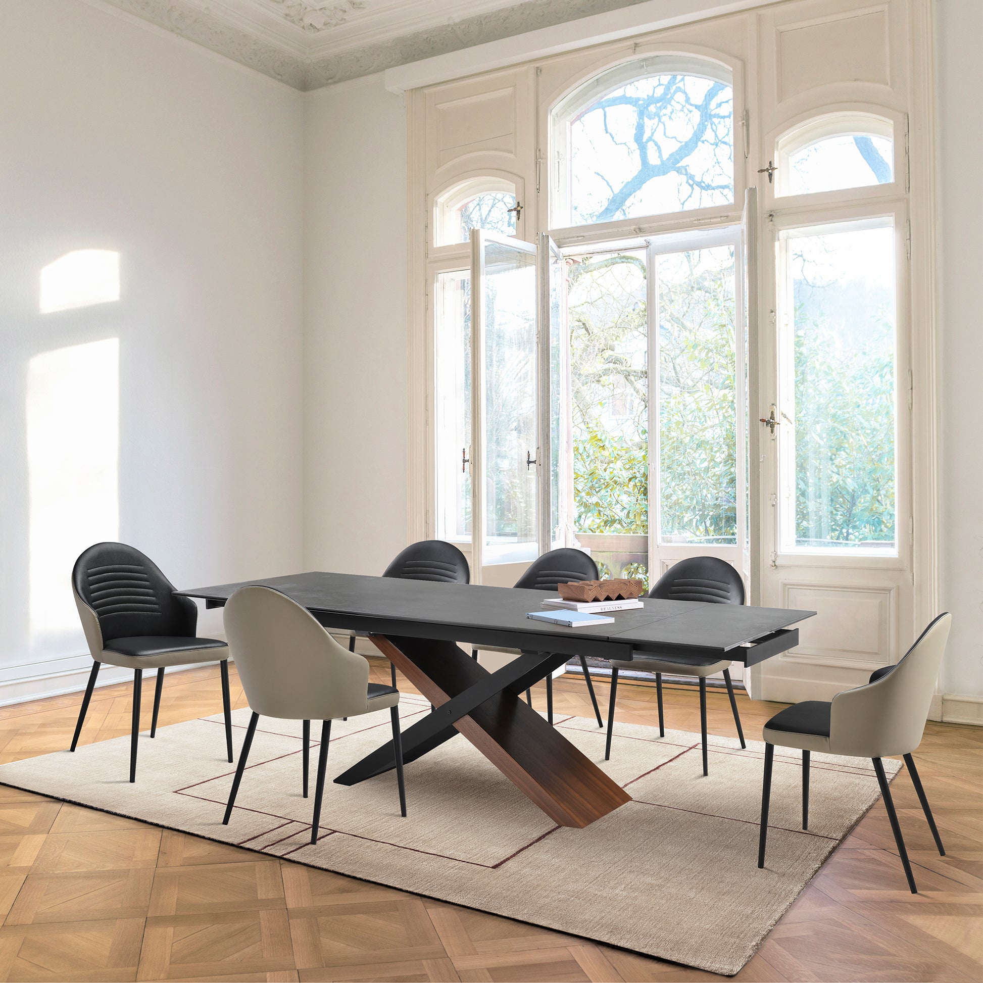 Milena Rocco 7 Piece Extendable Dining Set with Taupe Gray and Black Faux Leather Chairs By Armen Living | Dining Sets | Modishstore