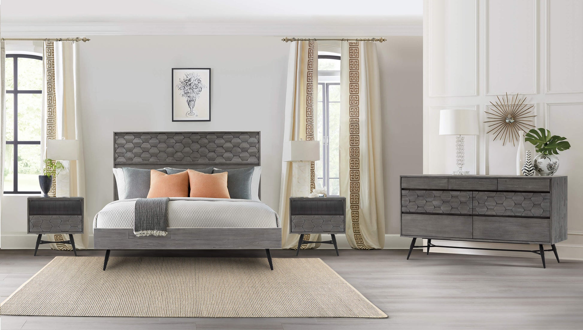 Makena 4 Piece King Bedroom Set in Grey Acacia Wood By Armen Living | Bedroom Sets | Modishstore