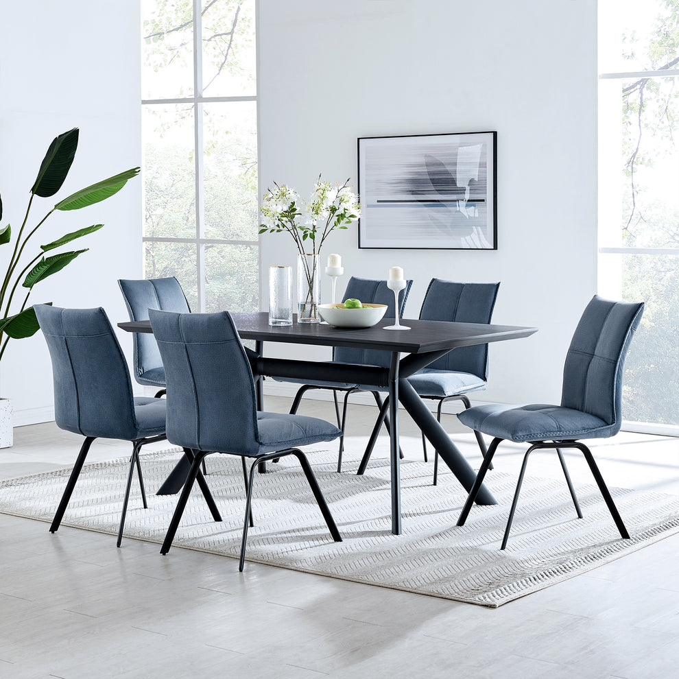 Margot and Rylee 7 Piece Modern Rectangular Dining Set in Black Melamine Wood and Blue Fabric By Armen Living | Dining Sets | Modishstore