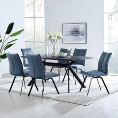 Margot and Rylee 7 Piece Modern Rectangular Dining Set in Black Melamine Wood and Blue Fabric By Armen Living