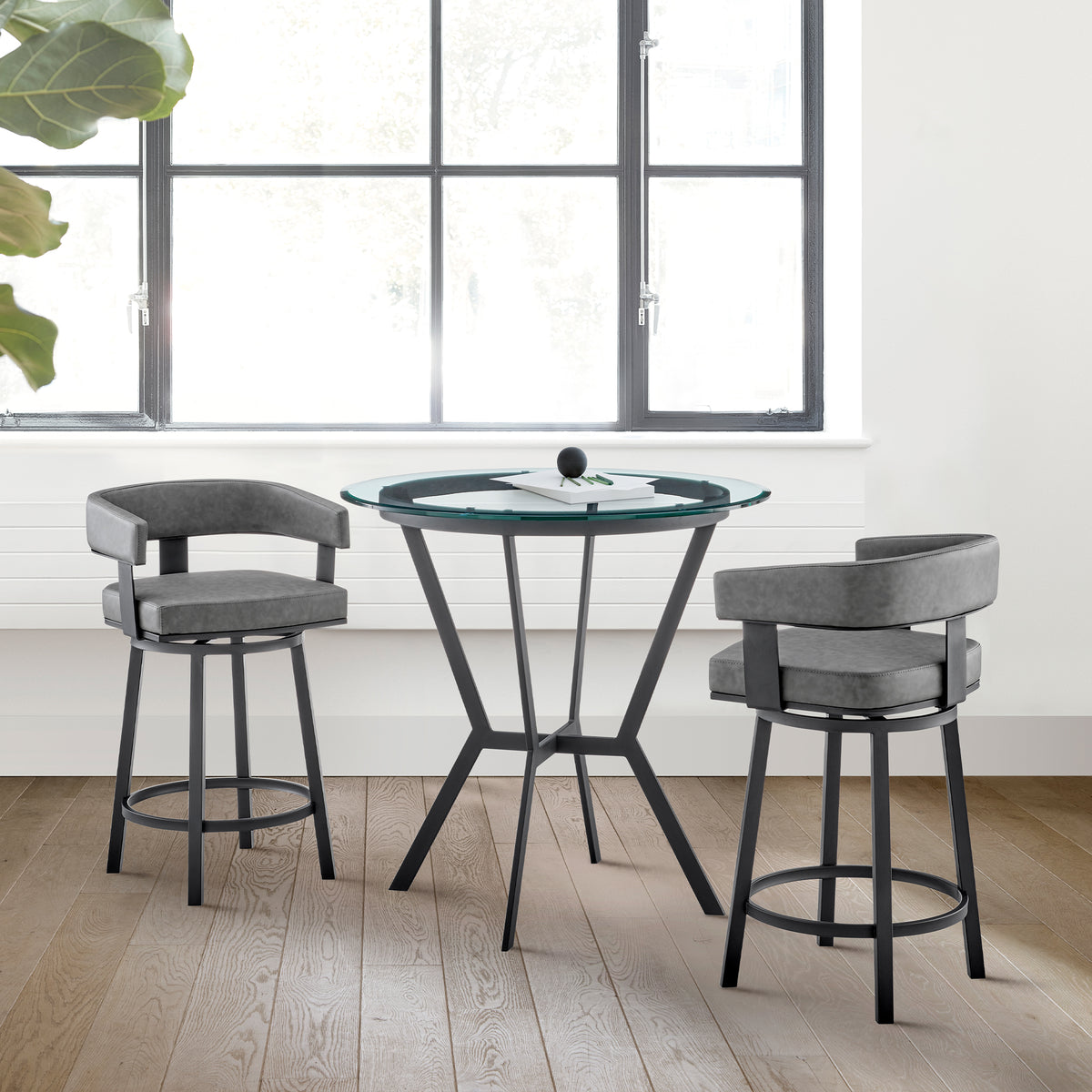 Naomi and Lorin 3-Piece Counter Height Dining Set in Black Metal and Grey Faux Leather By Armen Living | Dining Sets | Modishstore