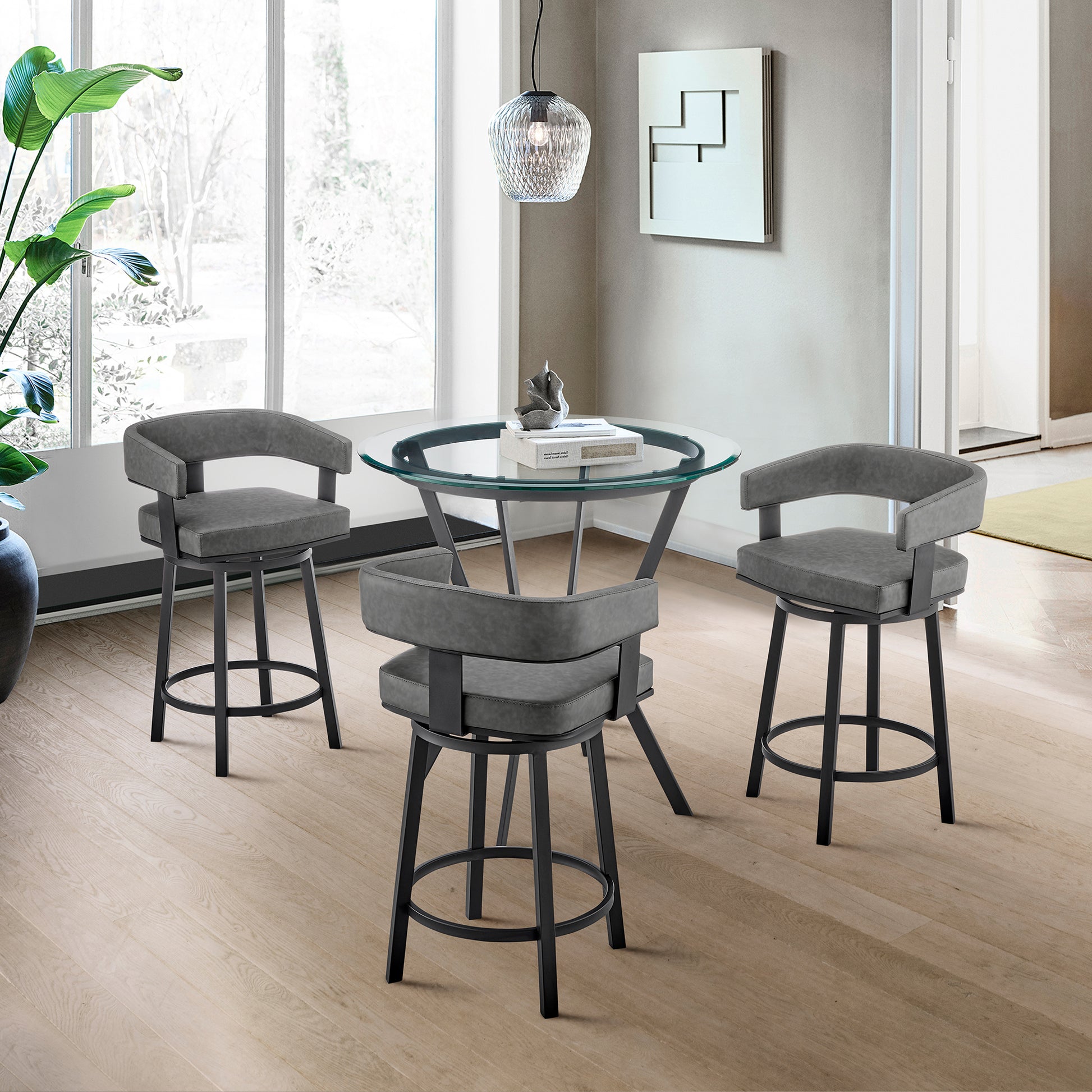 Naomi and Lorin 4-Piece Counter Height Dining Set in Black Metal and Grey Faux Leather By Armen Living | Dining Sets | Modishstore