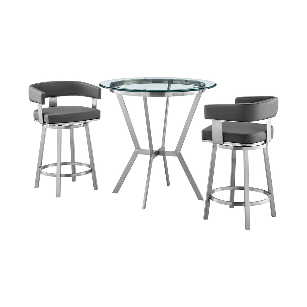 Naomi and Lorin 3-Piece Counter Height Dining Set in Brushed Stainless Steel and Grey Faux Leather By Armen Living | Dining Sets | Modishstore - 2