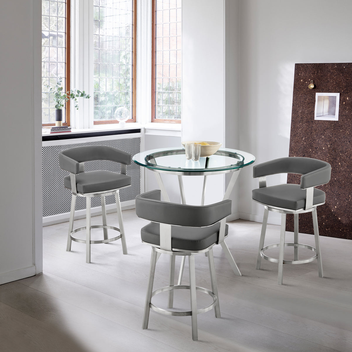Naomi and Lorin 4-Piece Counter Height Dining Set in Brushed Stainless Steel and Grey Faux Leather By Armen Living | Dining Sets | Modishstore