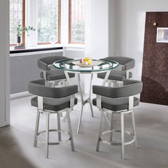 Naomi and Lorin 5-Piece Counter Height Dining Set in Brushed Stainless Steel and Grey Faux Leather By Armen Living