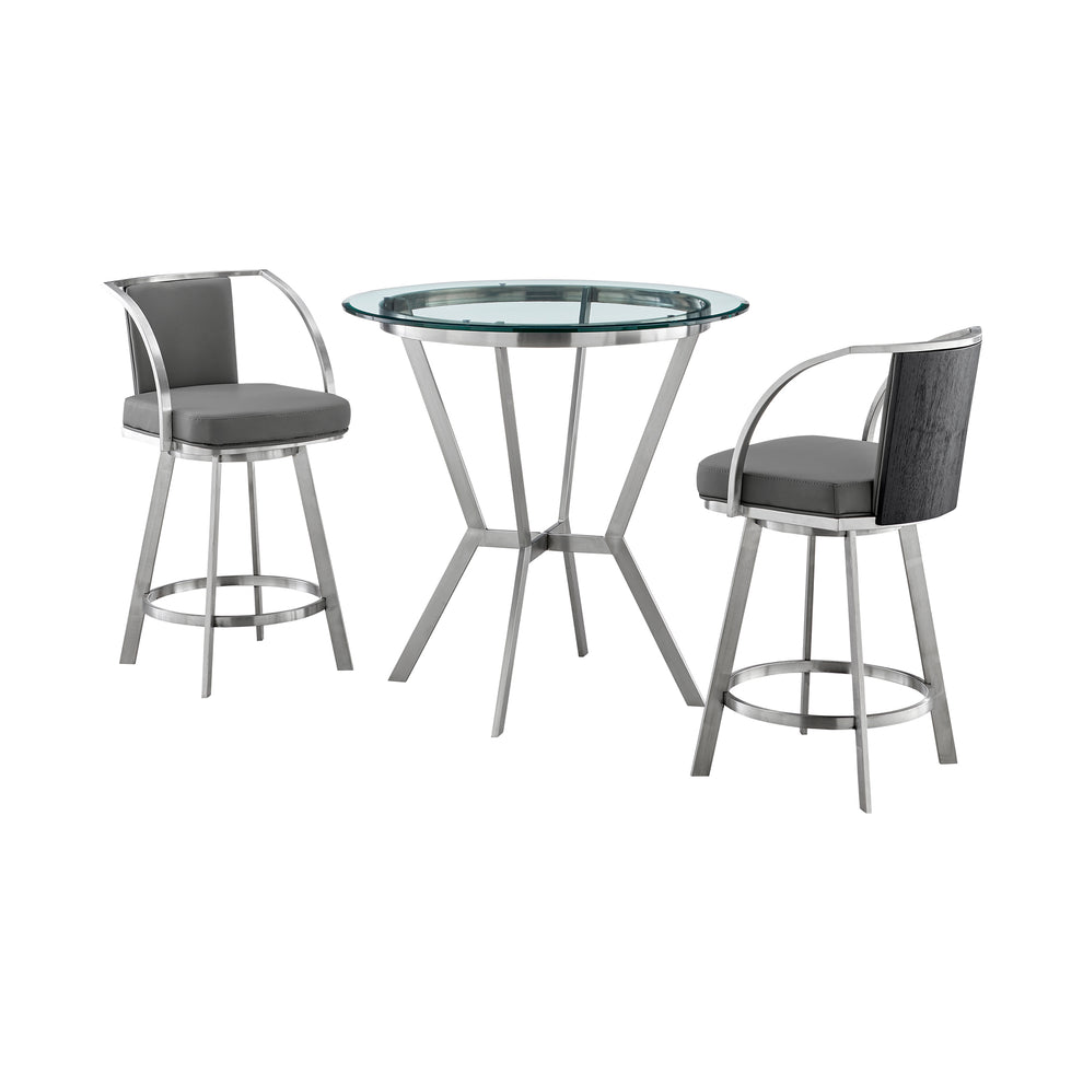 Naomi and Livingston 3-Piece Counter Height Dining Set in Brushed Stainless Steel and Grey Faux Leather By Armen Living | Dining Sets | Modishstore - 2