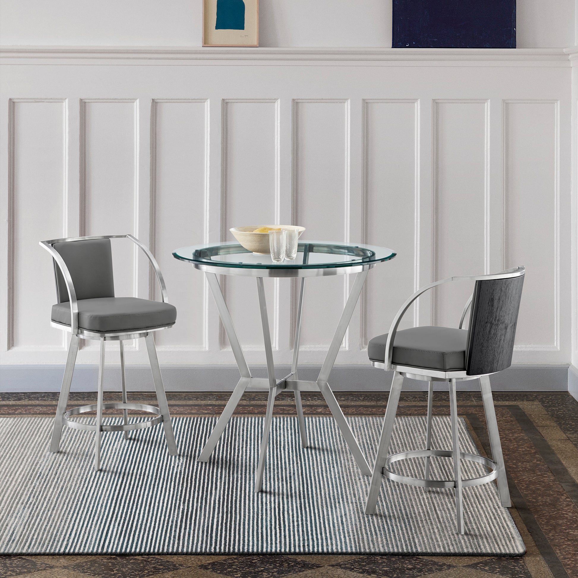 Naomi and Livingston 3-Piece Counter Height Dining Set in Brushed Stainless Steel and Grey Faux Leather By Armen Living | Dining Sets | Modishstore