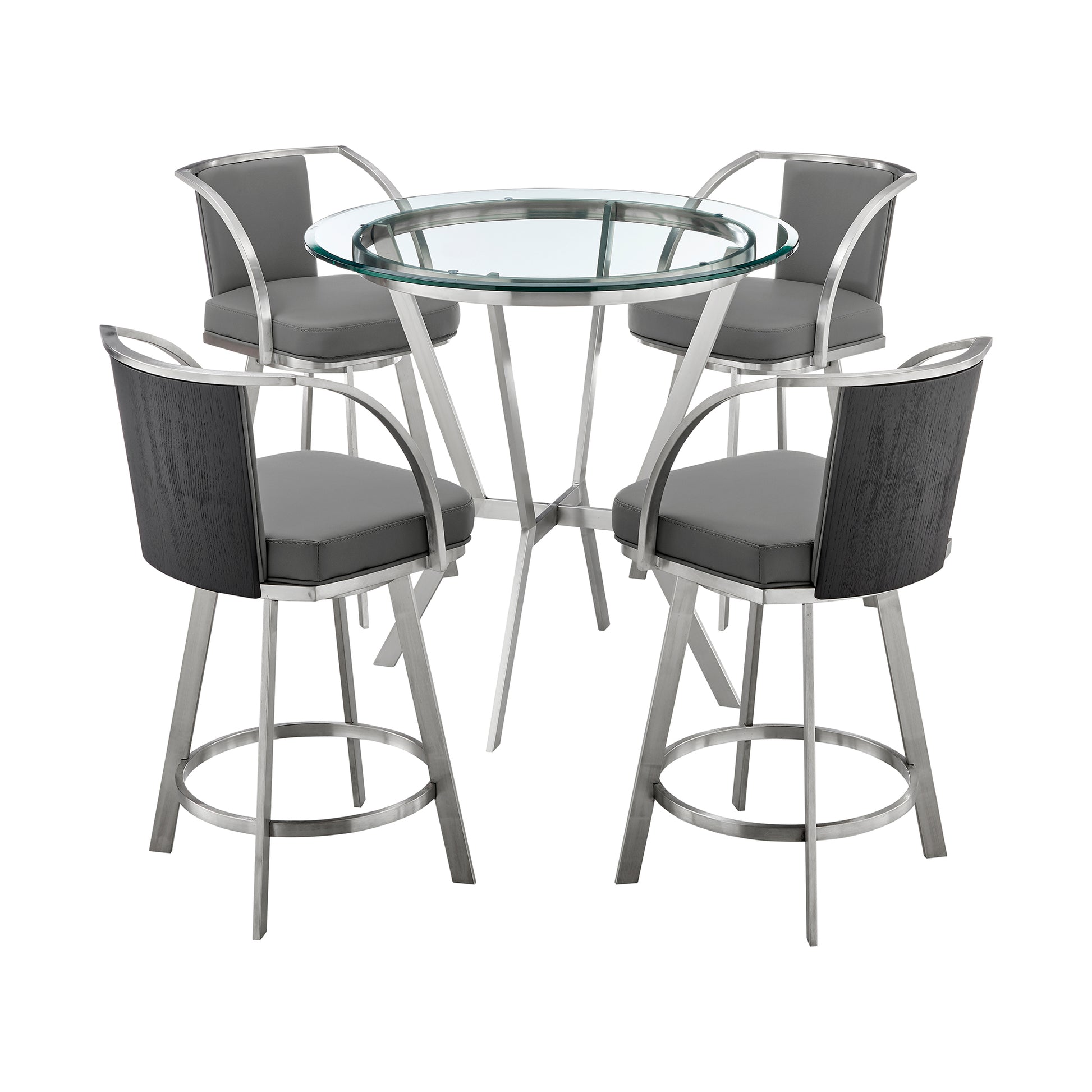 Naomi and Livingston 5-Piece Counter Height Dining Set in Brushed Stainless Steel and Grey Faux Leather By Armen Living | Dining Sets | Modishstore - 2