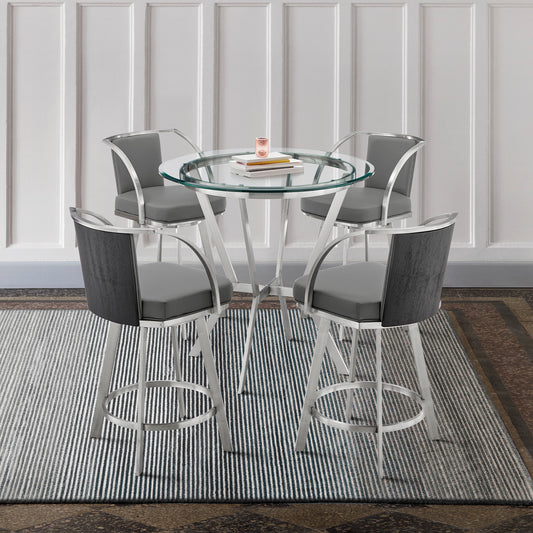 Naomi and Livingston 5-Piece Counter Height Dining Set in Brushed Stainless Steel and Grey Faux Leather By Armen Living | Dining Sets | Modishstore