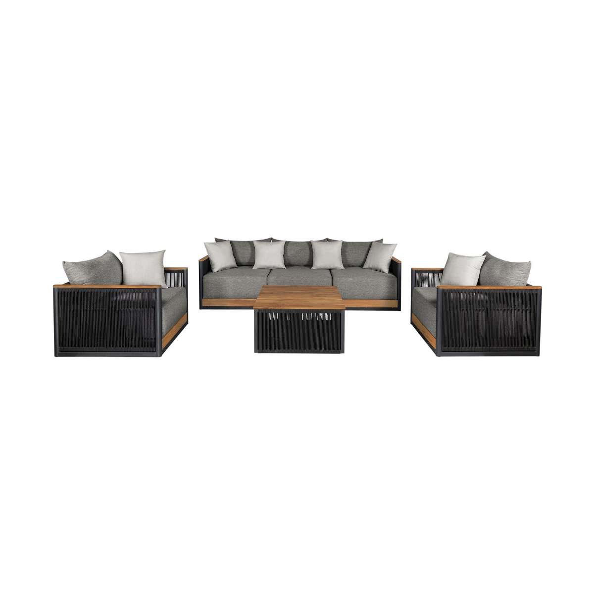 Artesia Outdoor Patio 4 Piece Conversation Set in Teak Wood and Black Rope with Dark Gray Olefin Cushions By Armen Living | Outdoor Sofas, Loveseats & Sectionals | Modishstore - 2