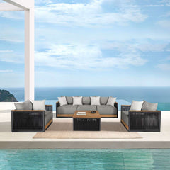 Artesia Outdoor Patio 4 Piece Conversation Set in Teak Wood and Black Rope with Dark Gray Olefin Cushions By Armen Living