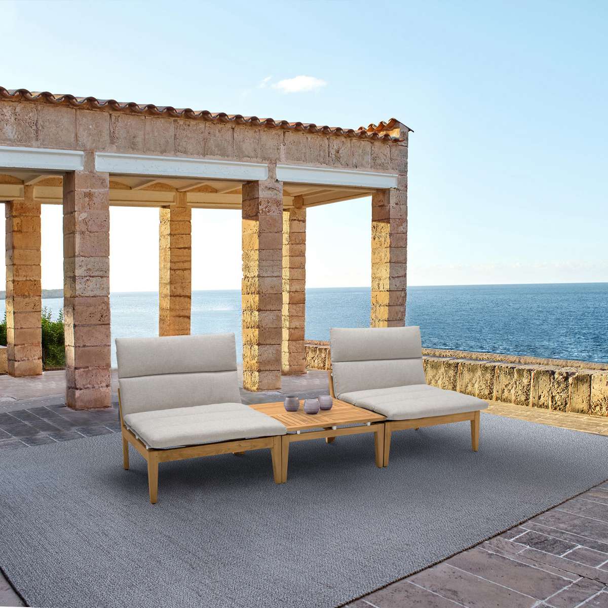 Arno Outdoor 3 Piece Teak Wood Seating Set in Beige Olefin By Armen Living | Outdoor Sofas, Loveseats & Sectionals |  Modishstore 