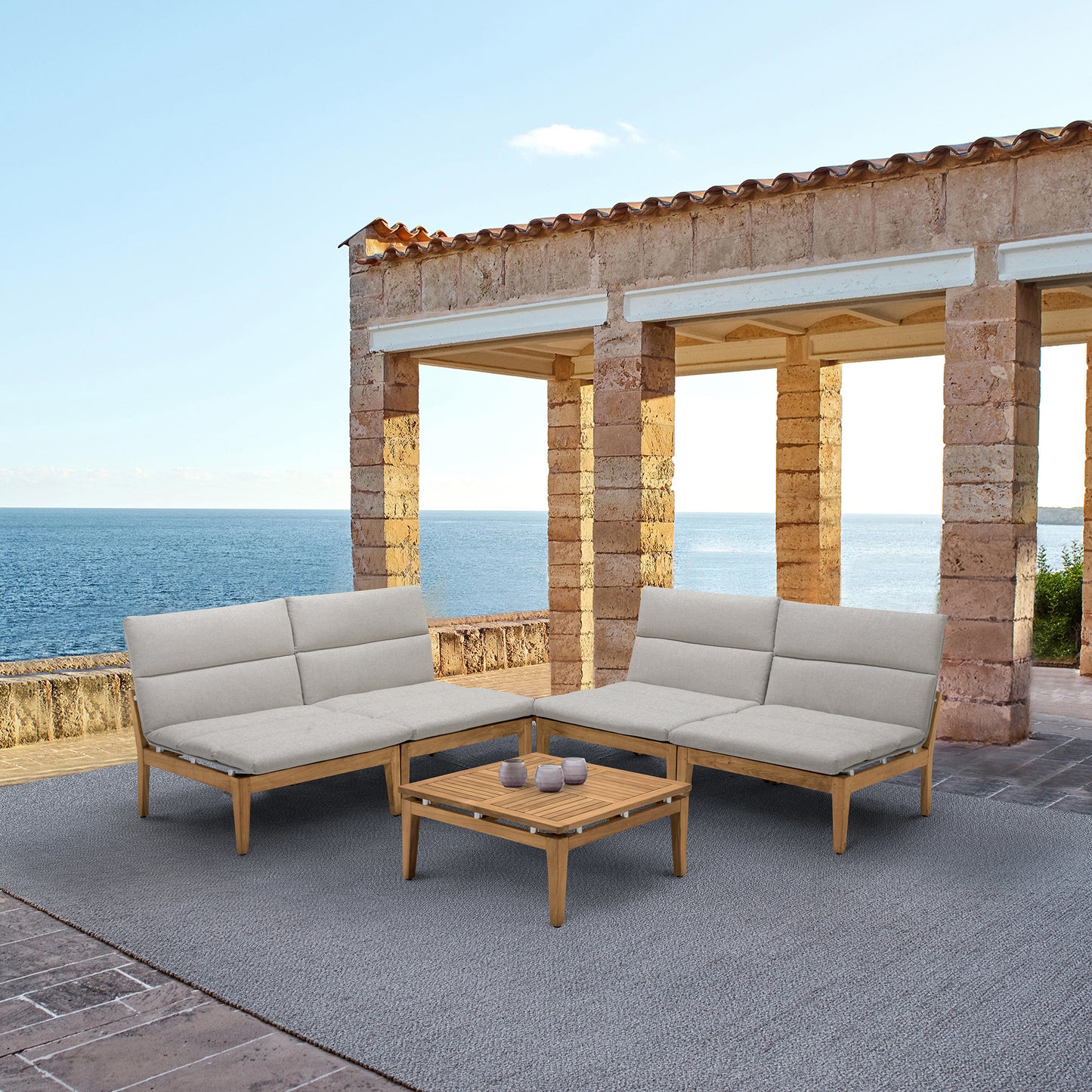 Arno Outdoor 5 Piece Teak Wood Seating Set in Beige Olefin By Armen Living | Outdoor Sofas, Loveseats & Sectionals | Modishstore