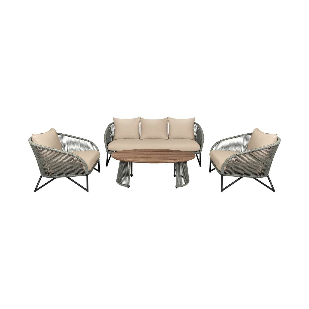 Benicia Outdoor Patio 4 Piece Conversation Set in Weathered Eucalyptus Wood and Metal with Gray Rope and Taupe Cushions By Armen Living | Outdoor Sofas, Loveseats & Sectionals | Modishstore - 2