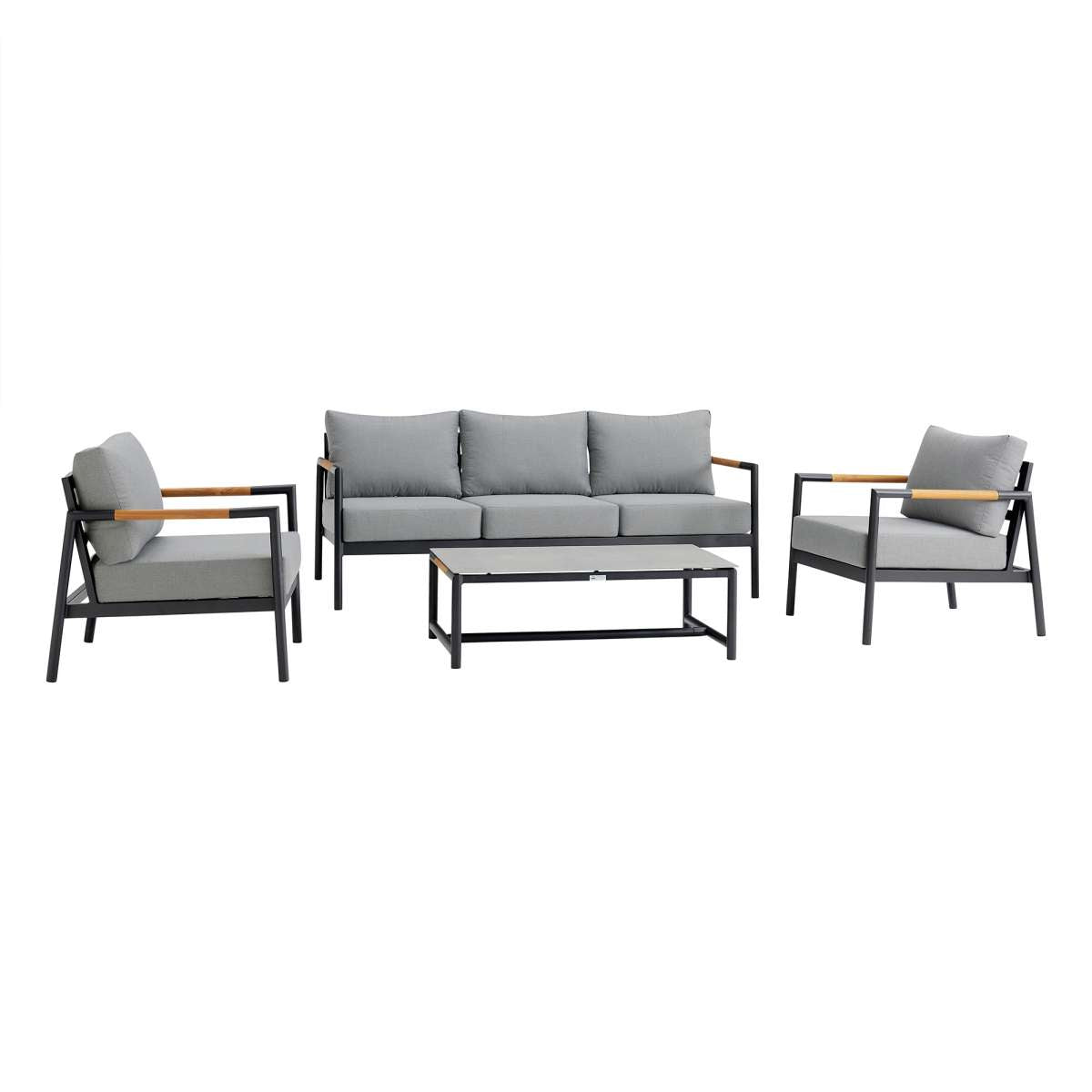 Crown 4 Piece Black Aluminum and Teak Outdoor Seating Set with Dark Gray Cushions By Armen Living | Outdoor Sofas, Loveseats & Sectionals |  Modishstore  - 2