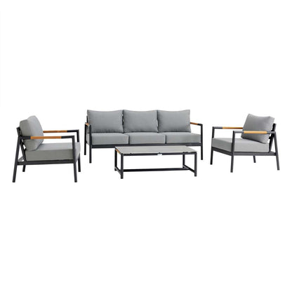 Crown 4 Piece Black Aluminum and Teak Outdoor Seating Set with Dark Gray Cushions By Armen Living | Outdoor Sofas, Loveseats & Sectionals |  Modishstore  - 2