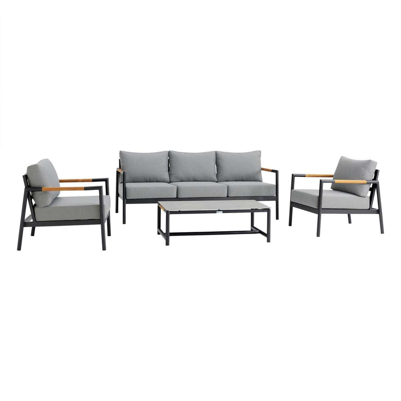Crown 4 Piece Black Aluminum and Teak Outdoor Seating Set with Dark Gray Cushions By Armen Living | Outdoor Sofas, Loveseats & Sectionals |  Modishstore  - 2