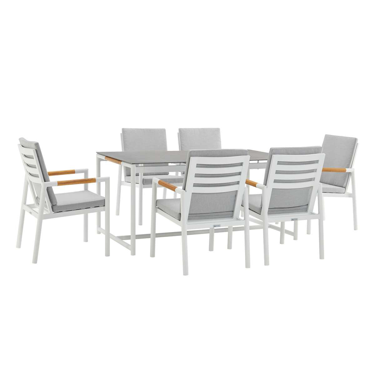 Crown 7 Piece White Aluminum and Teak Outdoor Dining Set with Light Gray Fabric By Armen Living | Outdoor Dining Sets |  Modishstore  - 2