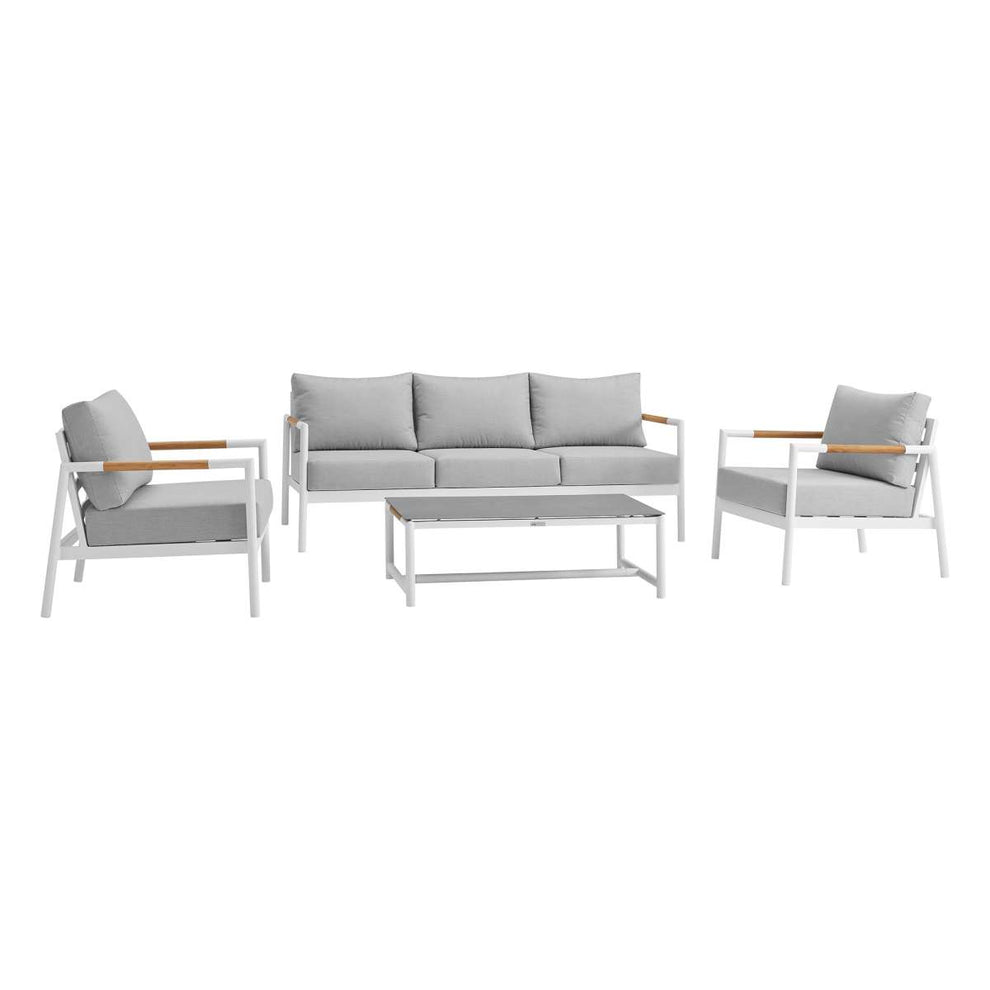 Crown 4 Piece Black Aluminum and Teak Outdoor Seating Set with Dark Gray Cushions By Armen Living | Outdoor Sofas, Loveseats & Sectionals |  Modishstore  - 11