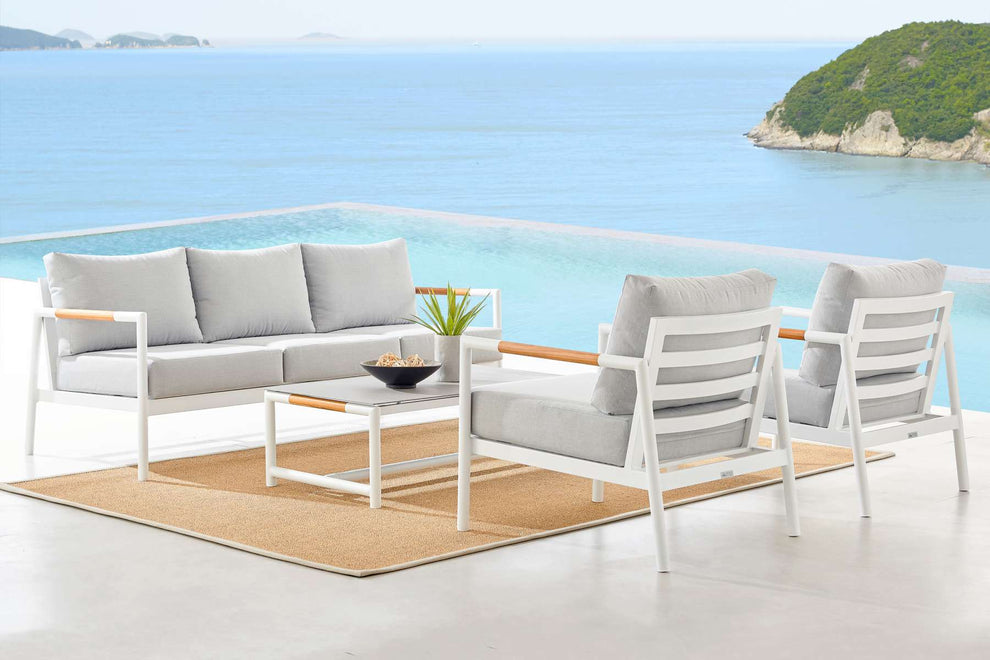 Crown 4 Piece Black Aluminum and Teak Outdoor Seating Set with Dark Gray Cushions By Armen Living | Outdoor Sofas, Loveseats & Sectionals |  Modishstore  - 10