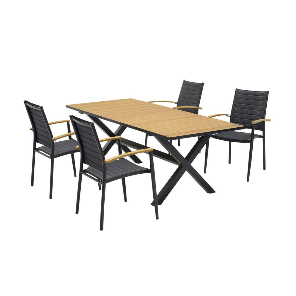 Portals Outdoor 5 Piece Black Aluminum & Teak Wood Dining Set By Armen Living | Outdoor Dining Sets |  Modishstore  - 5