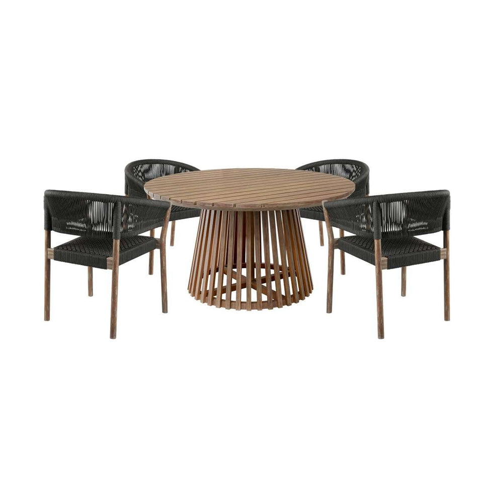 Escondido Doris Outdoor Patio 5 Piece Round Dining Set in Eucalyptus Wood and Black Rope By Armen Living | Outdoor Dining Sets | Modishstore - 2