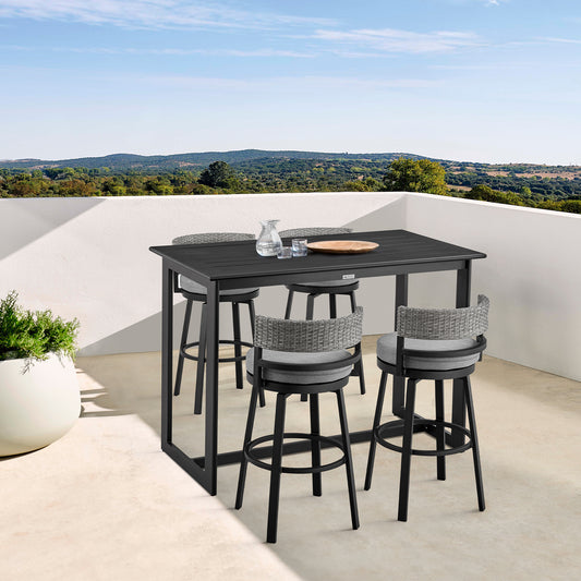 Encinitas Outdoor Patio 5-Piece Bar Table Set in Aluminum with Grey Cushions By Armen Living | Bar Stools & Table | Modishstore