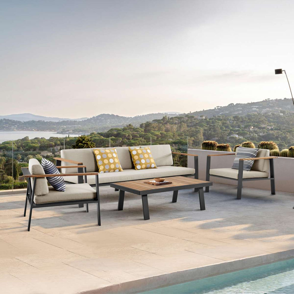 Nofi 4 piece Outdoor Patio Set in Charcoal Finish with Taupe Cushions and Teak Wood By Armen Living | Outdoor Sofas, Loveseats & Sectionals |  Modishstore 
