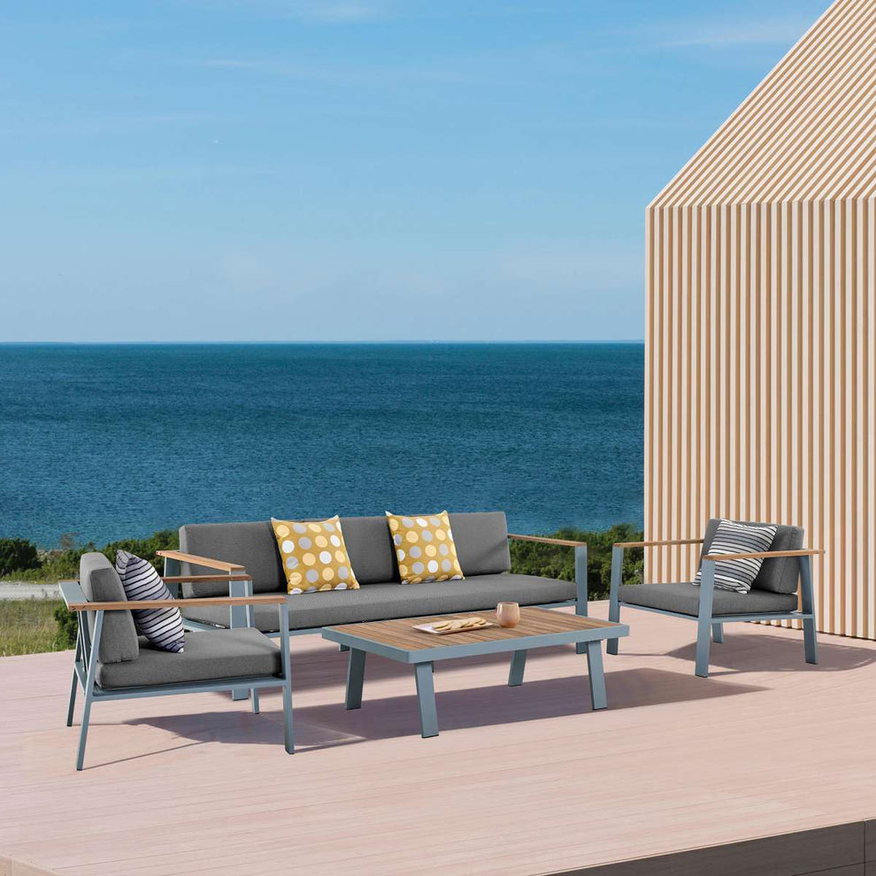 Nofi 4 piece Outdoor Patio Set in Charcoal Finish with Taupe Cushions and Teak Wood By Armen Living | Outdoor Sofas, Loveseats & Sectionals |  Modishstore  - 11