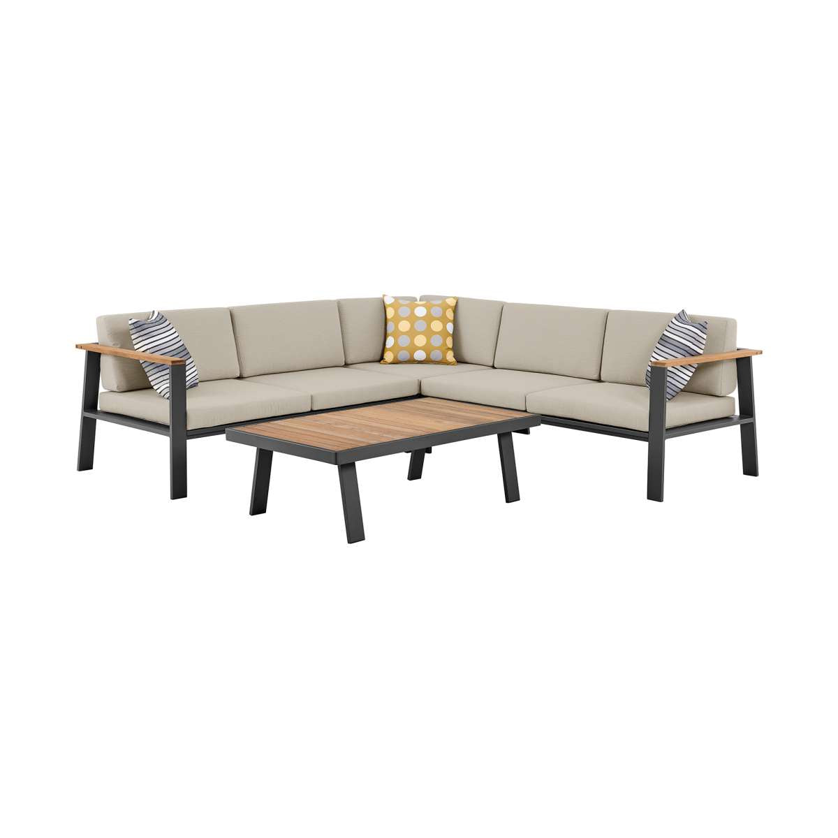 Nofi Outdoor Patio Sectional Set in Charcoal Finish with Taupe Cushions and Teak Wood  By Armen Living | Outdoor Sofas, Loveseats & Sectionals |  Modishstore  - 6