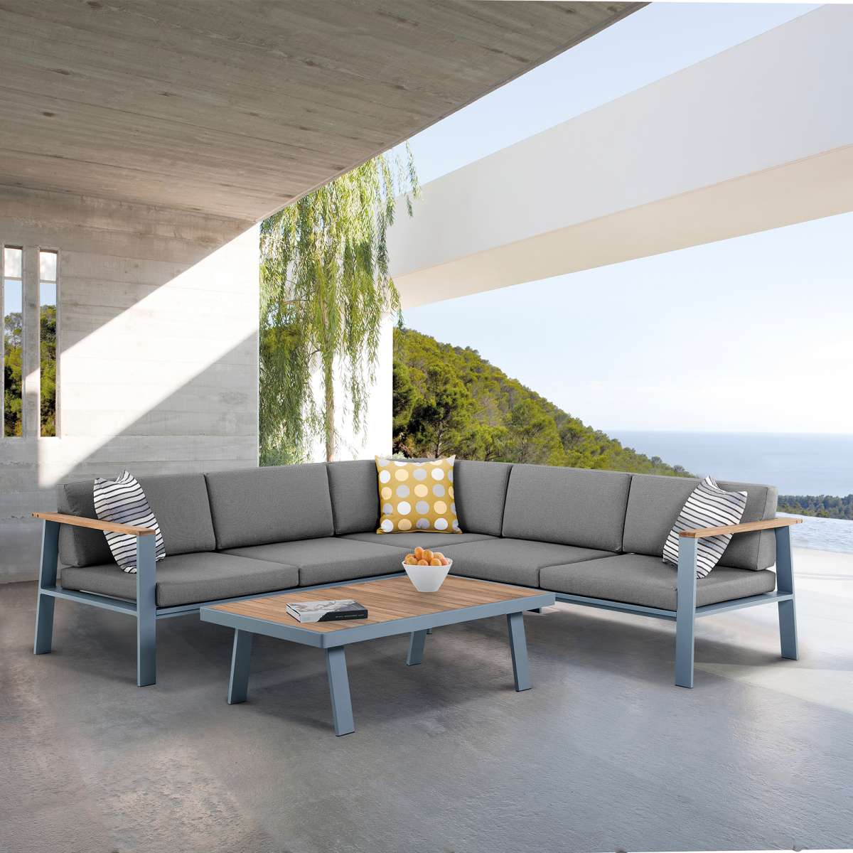 Nofi Outdoor Patio Sectional Set in Charcoal Finish with Taupe Cushions and Teak Wood  By Armen Living | Outdoor Sofas, Loveseats & Sectionals |  Modishstore  - 8
