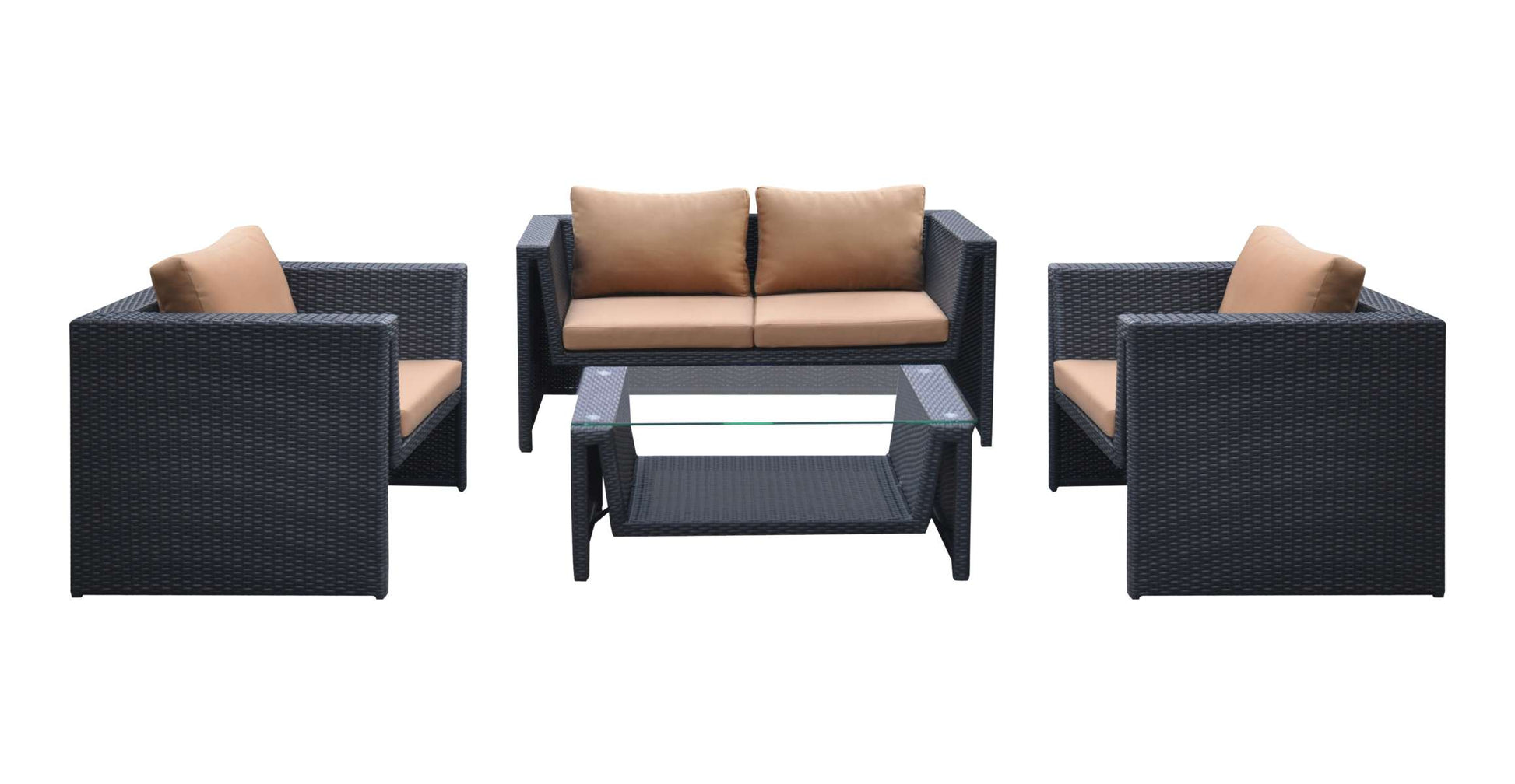 Oahu 4 piece Outdoor Wicker Patio Set with Brown Fabric Cushions and Temperated Glass Top By Armen Living | Outdoor Sofas, Loveseats & Sectionals |  Modishstore  - 2