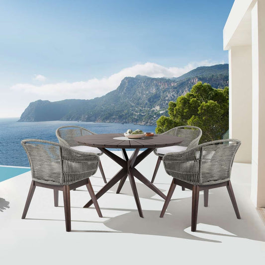 Oasis Tutti Frutti Outdoor Patio 5 Piece Round Dining Set in Eucalyptus Wood with Gray Rope and Cushions By Armen Living | Outdoor Dining Sets | Modishstore