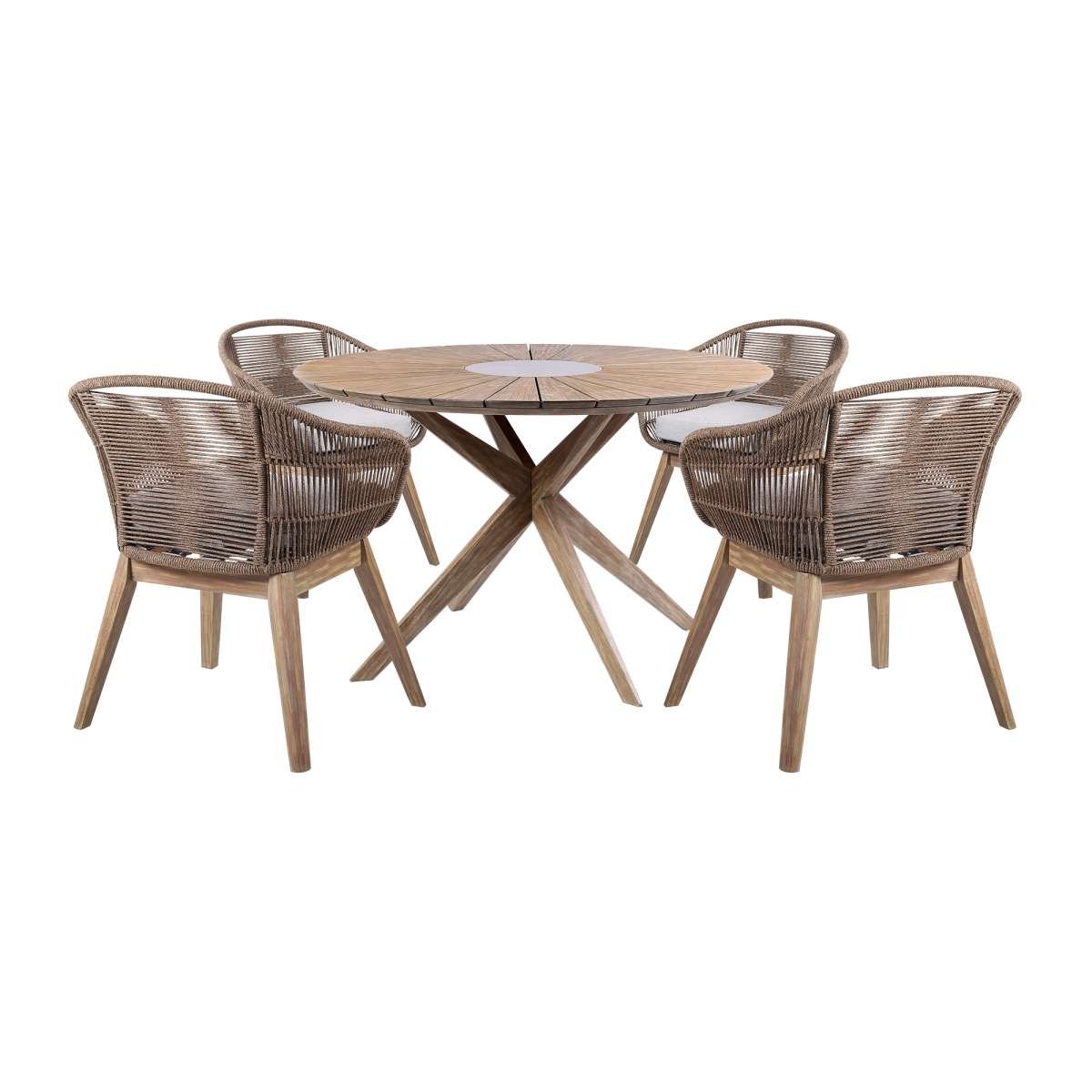 Oasis Tutti Frutti Outdoor Patio 5 Piece Round Dining Set in Eucalyptus Wood with Truffle Rope and Gray Cushions By Armen Living | Outdoor Dining Sets | Modishstore - 2