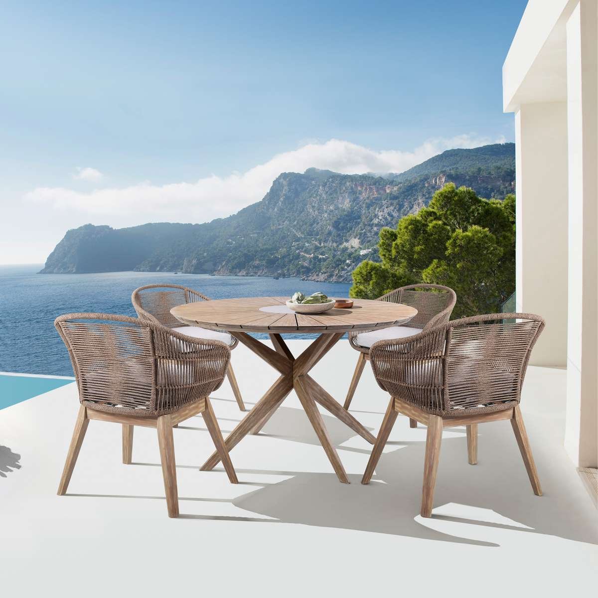 Oasis Tutti Frutti Outdoor Patio 5 Piece Round Dining Set in Eucalyptus Wood with Truffle Rope and Gray Cushions By Armen Living | Outdoor Dining Sets | Modishstore