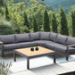 Palau 4 Piece Outdoor Sectional Set with Cushions in Dark Grey and Natural Teak Wood Accent By Armen Living | Outdoor Sofas, Loveseats & Sectionals |  Modishstore 