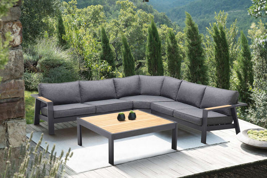 Palau 4 Piece Outdoor Sectional Set with Cushions in Dark Grey and Natural Teak Wood Accent By Armen Living | Outdoor Sofas, Loveseats & Sectionals |  Modishstore 