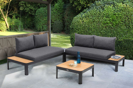 Portals Outdoor 3 Piece Sofa Set in Black Finish with Natural Teak Wood Top Accent By Armen Living | Outdoor Sofas, Loveseats & Sectionals |  Modishstore 