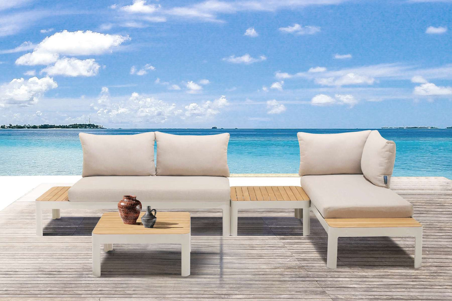 Portals Outdoor 4 Piece Sofa set in Matte Sand Finish with Natural Teak Wood By Armen Living | Outdoor Sofas, Loveseats & Sectionals |  Modishstore 